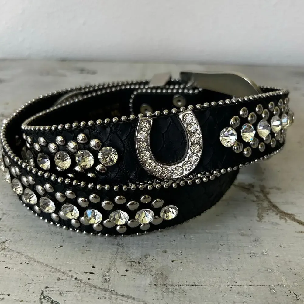 Vintage Rhinestone Studded Leather Bling Western Glam Statement Belt Y2K 34 - 36